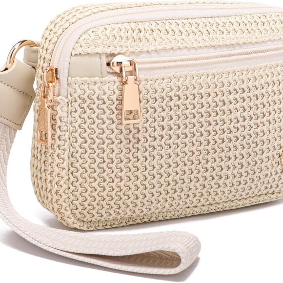 Boho White Straw Clutch Wristlet Purse with RFID for Women Summer Beach Bag